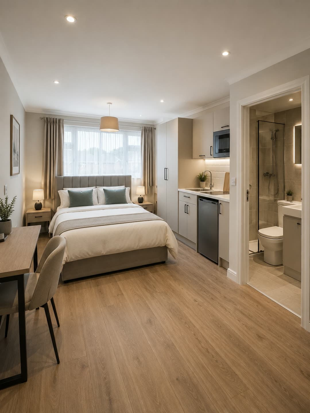 Visualisation of the same master bedroom as an en-suite letting room with kitchenette and shower room
