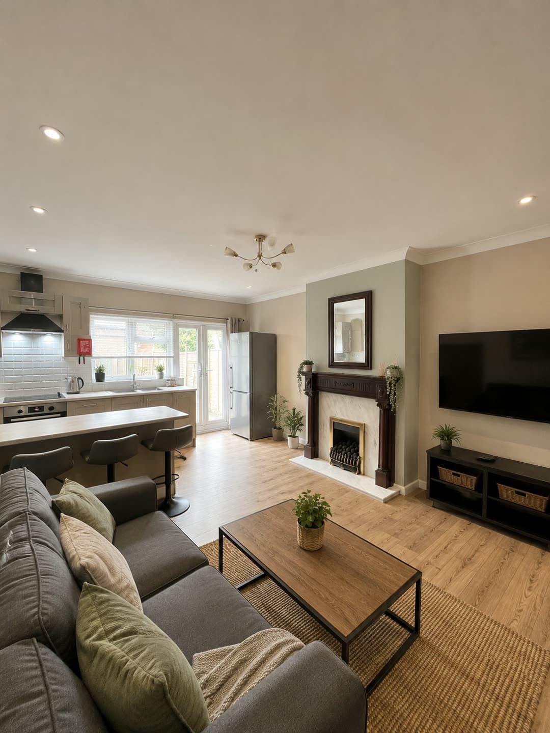 Visualisation of the same reception room opened into a shared kitchen and dining space for HMO use